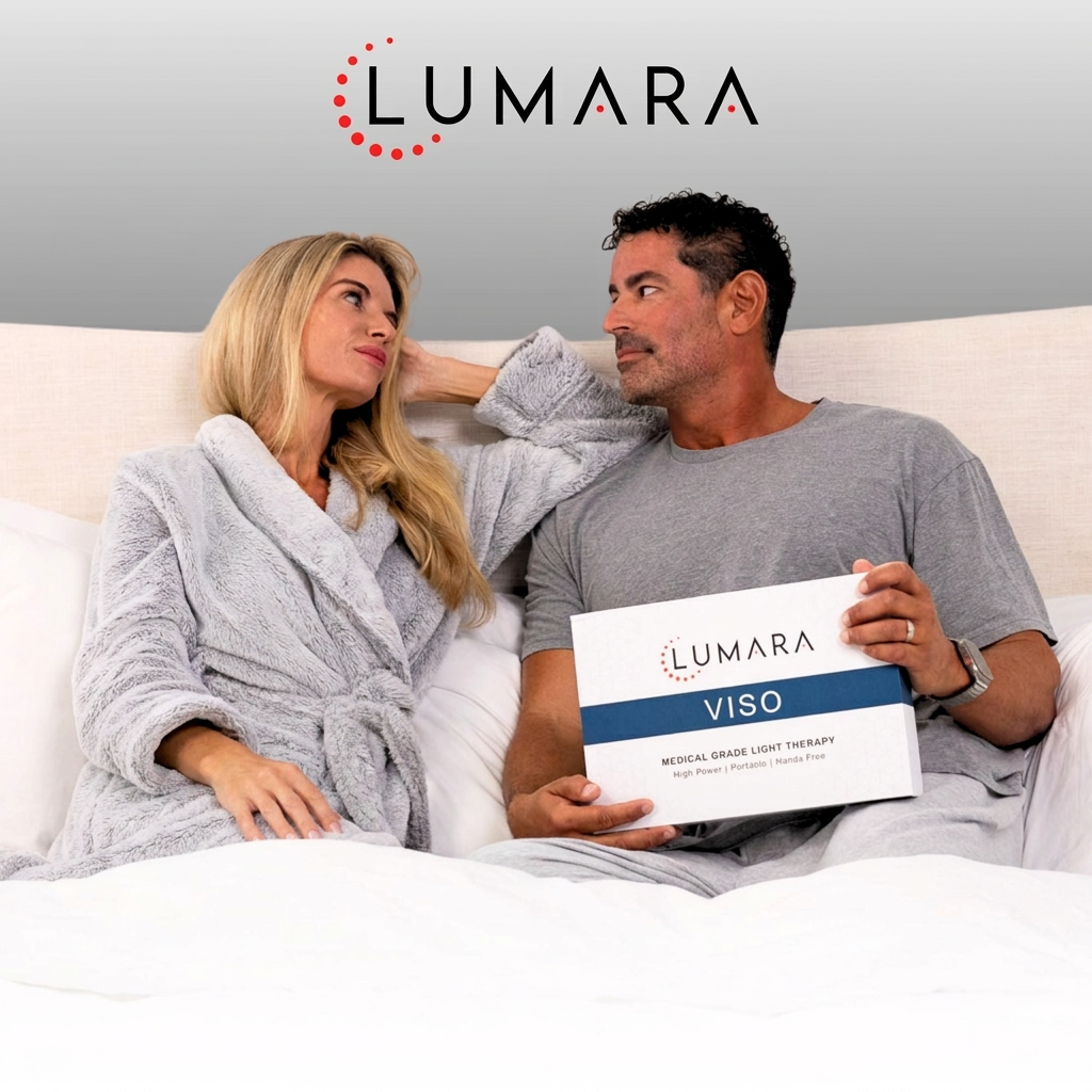 Couple sitting on a bed holding a Lumara VISO product box