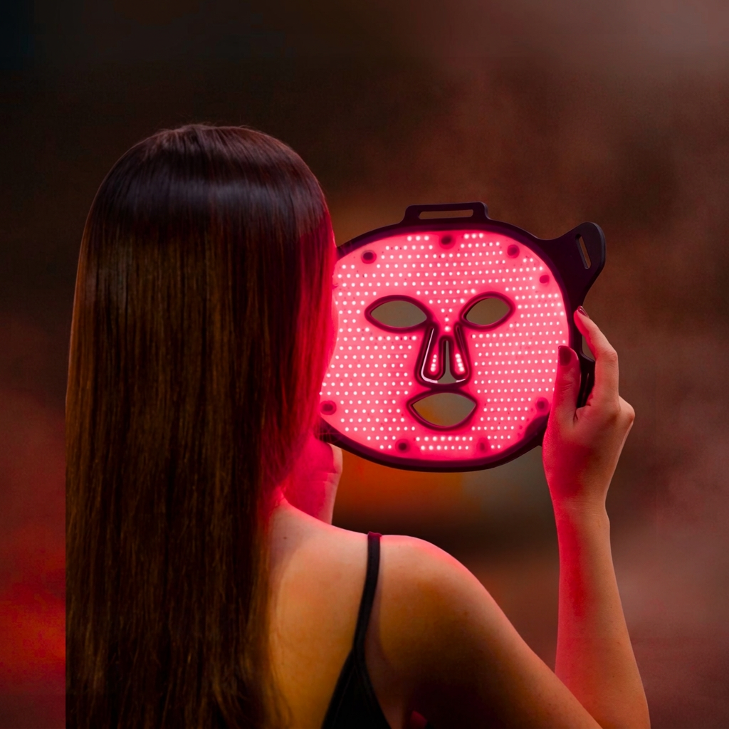 Woman holding an illuminated Lumara VISO LED face mask in front of a mirror