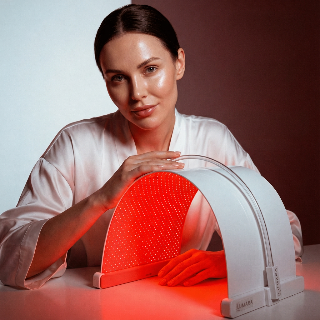 Woman relaxing in an armchair using the Lumara Illuminate Red V2 light therapy panel