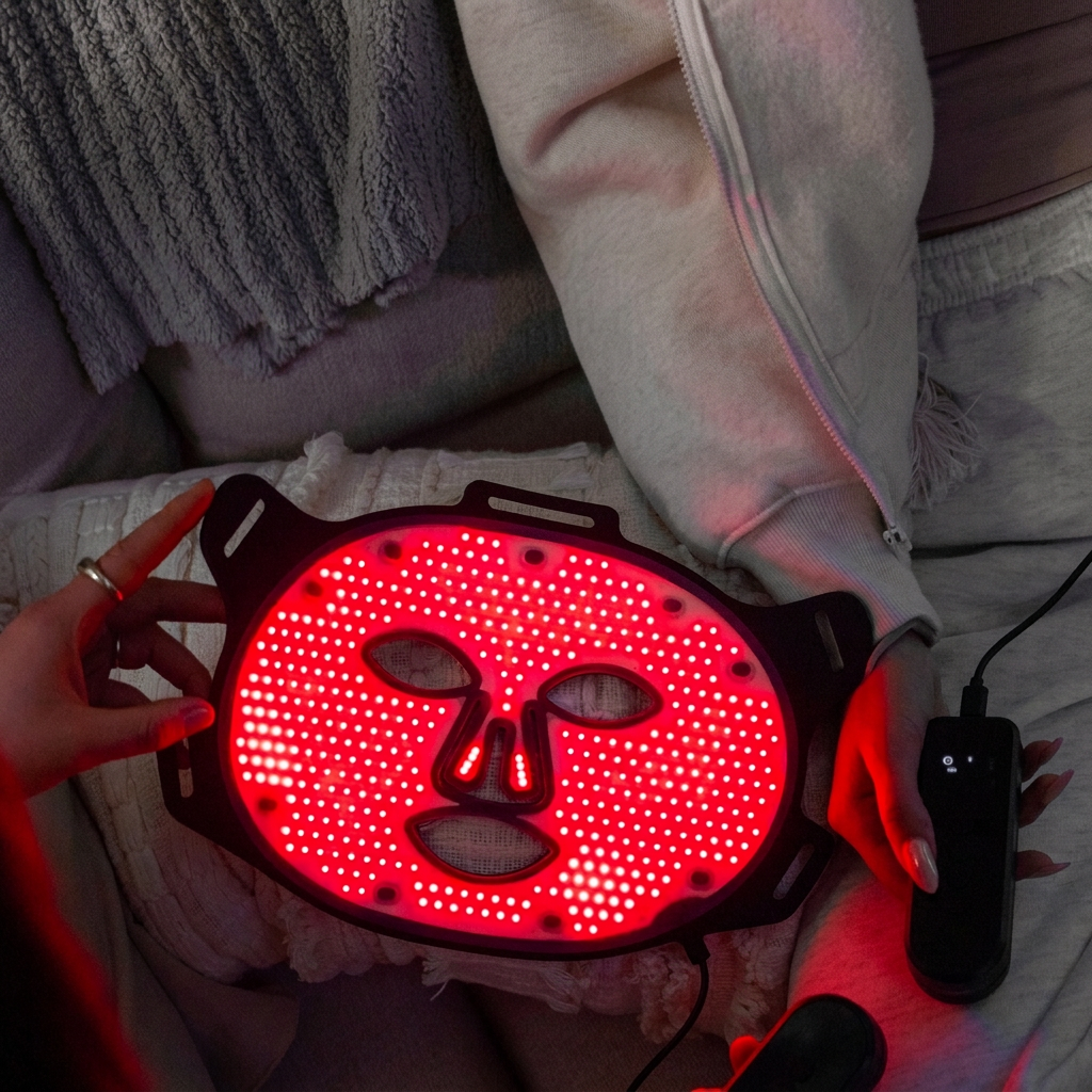 Hands holding an illuminated Lumara VISO LED face mask over a bed