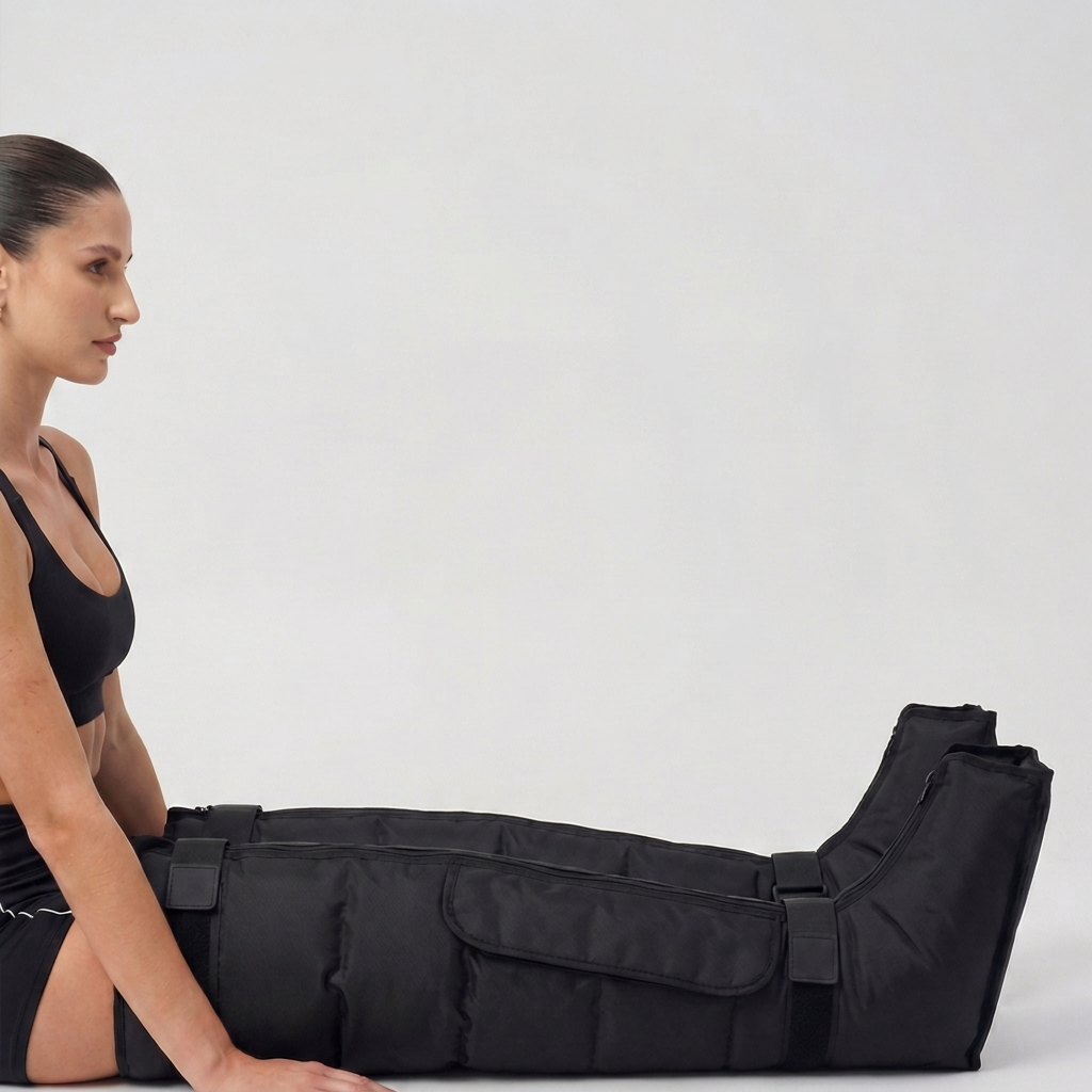 Woman seated wearing Nicebeam RecoveryFlow compression boots against a white background