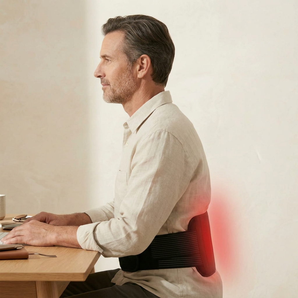 Man working at a desk while wearing the Nicebeam red light therapy band