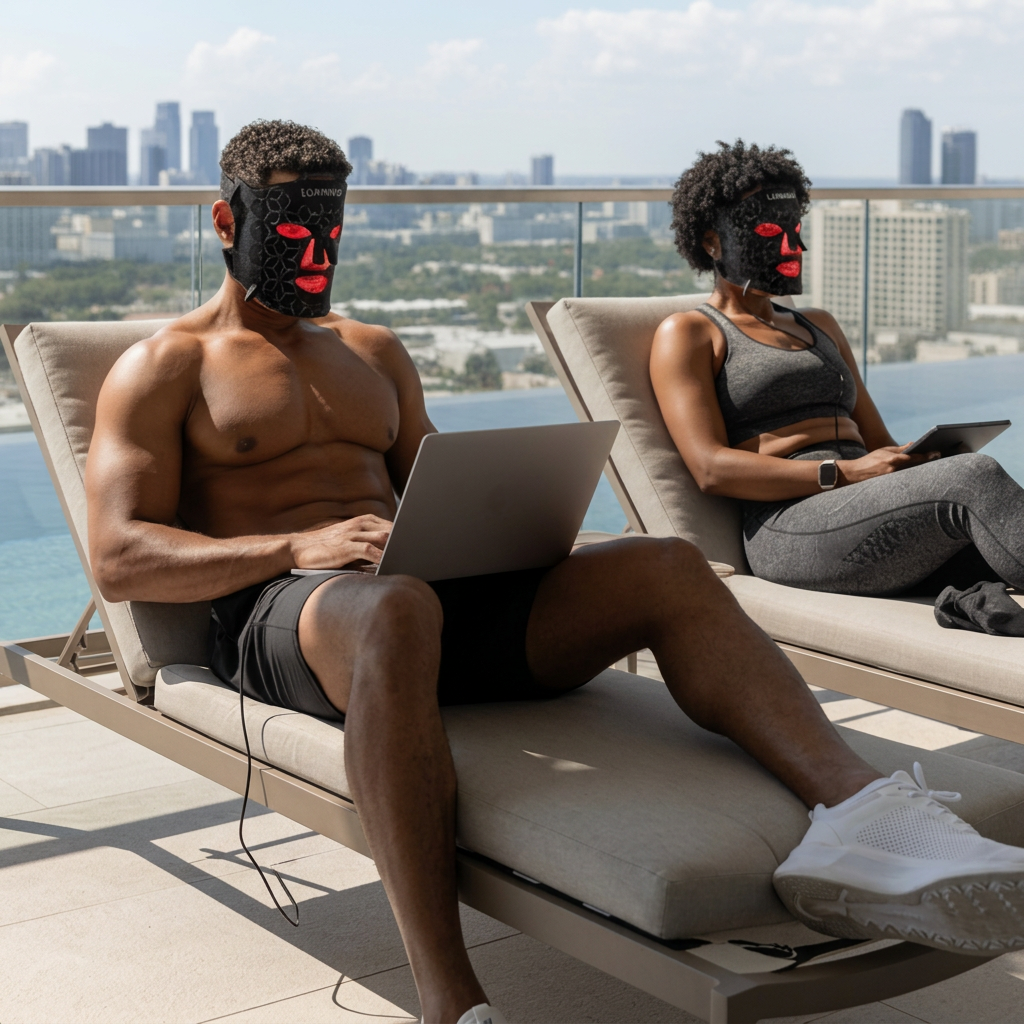Two people relaxing by a rooftop pool wearing Lumara VISO LED face masks