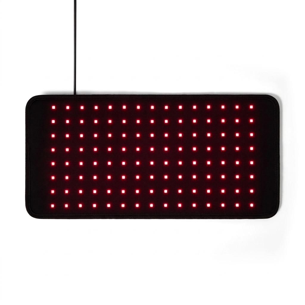 Nicebeam red light therapy band with glowing LED grid and cord on a white background