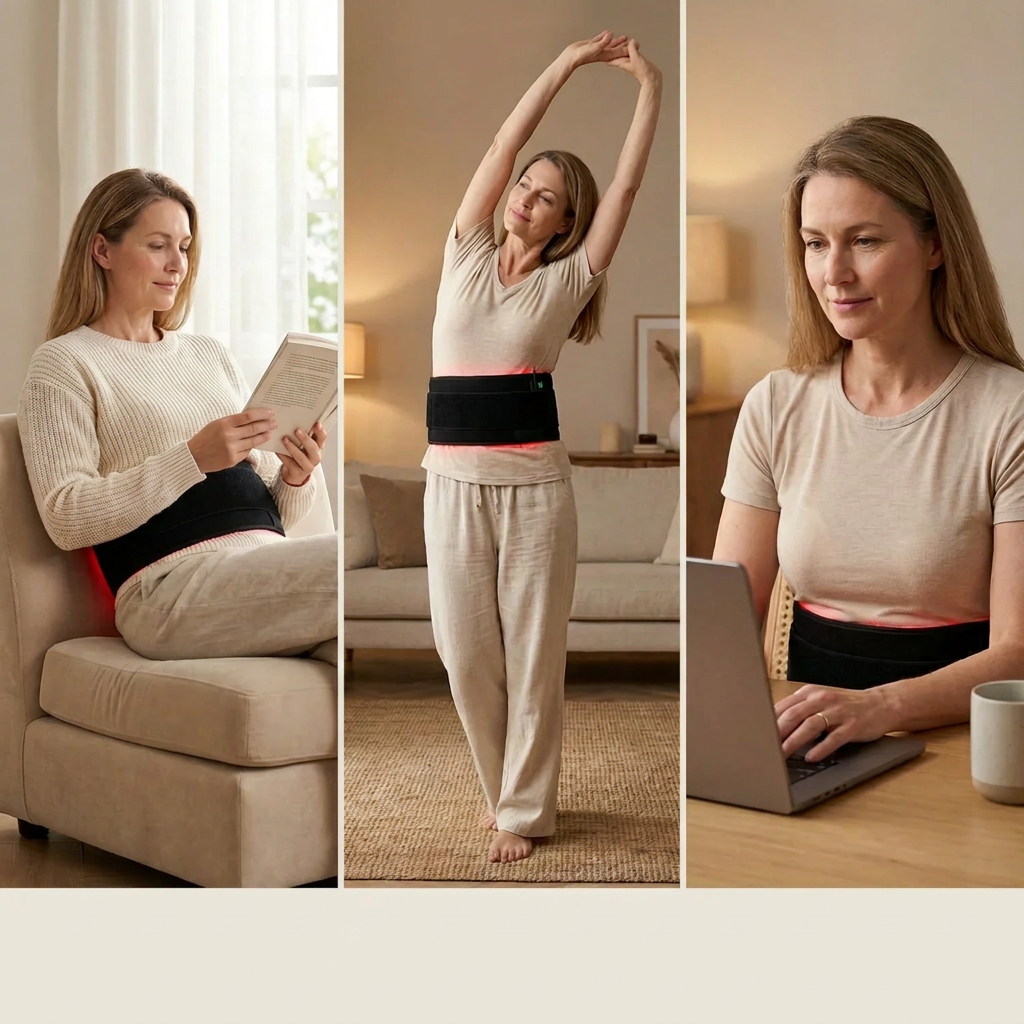 Collage of women wearing the Nicebeam red light therapy band while reading, stretching and working