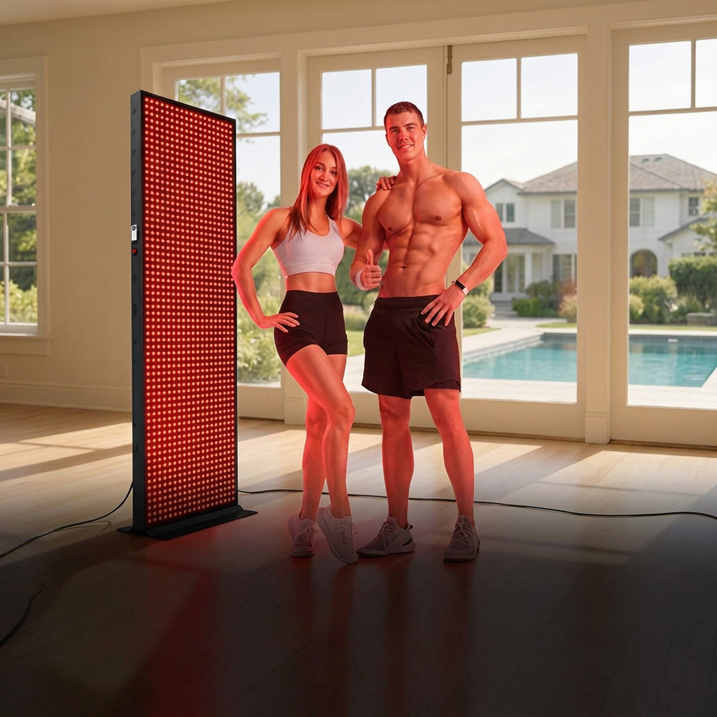 Couple standing next to an EXESAS full body LED light therapy panel in a home interior