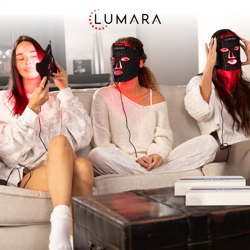 Three people relaxing on a couch wearing Lumara VISO LED face masks