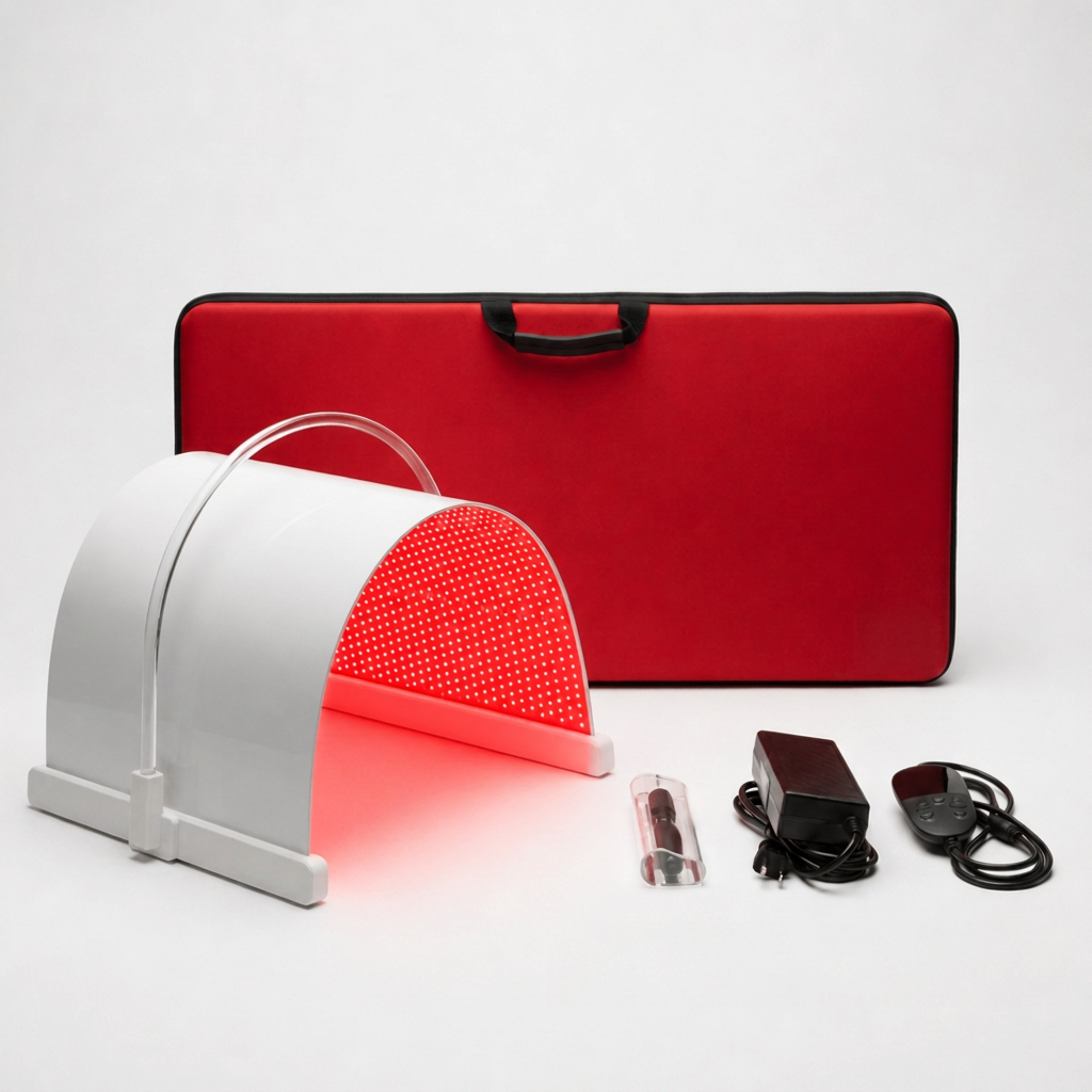 Lumara Illuminate Red V2 panel with carry case, power adapter, remote and goggles on a white background