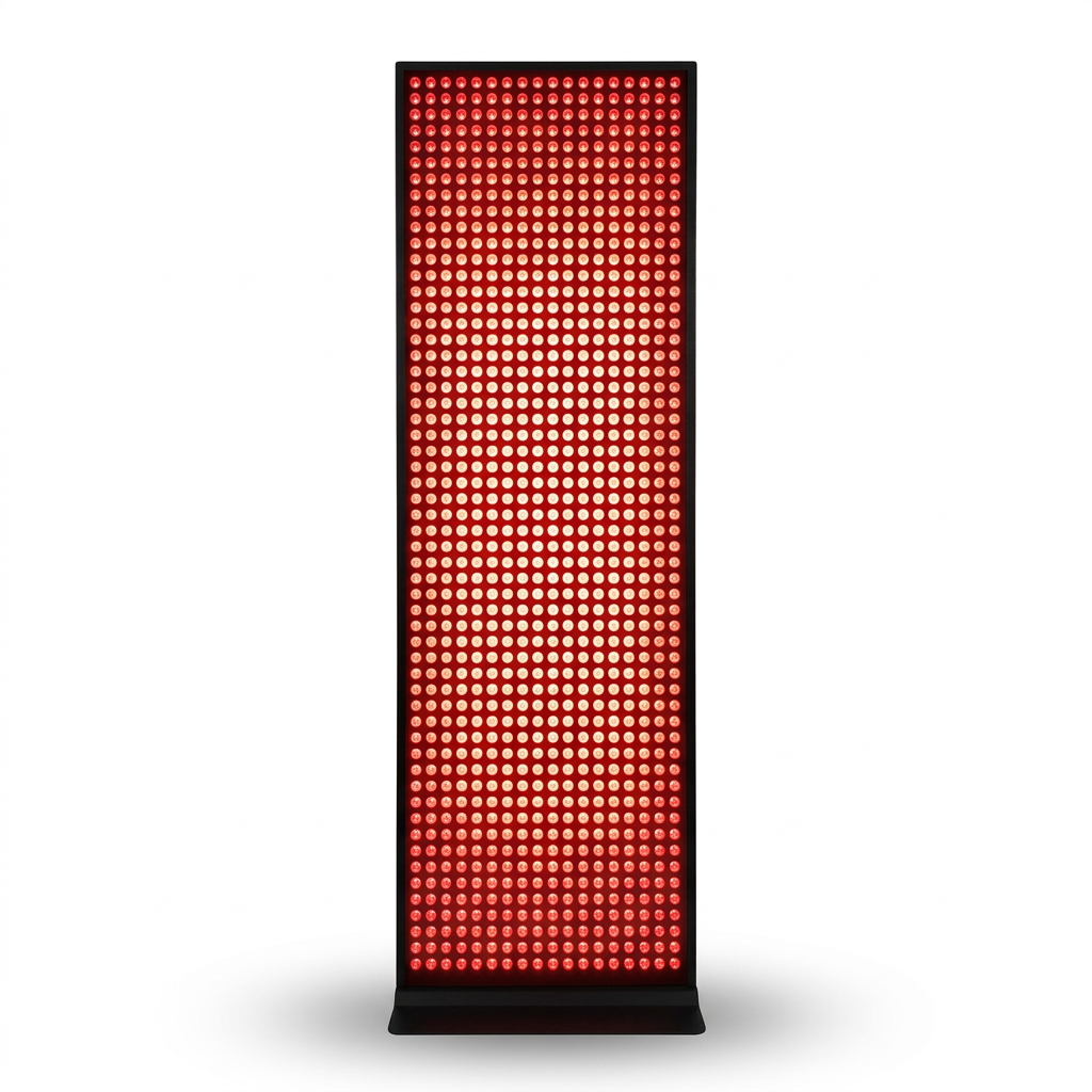 EXESAS full body LED light therapy panel on base stand against a white background