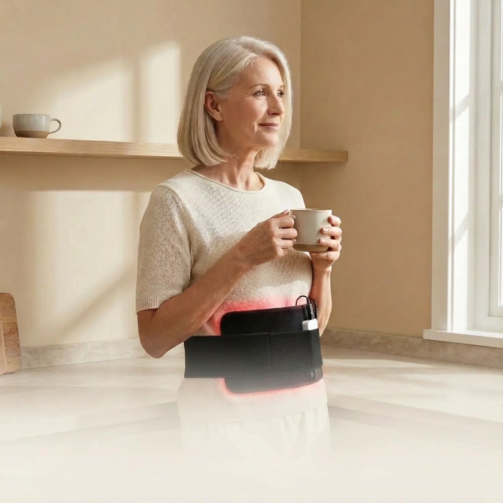 Woman in a kitchen holding a mug while wearing the Nicebeam red light therapy band