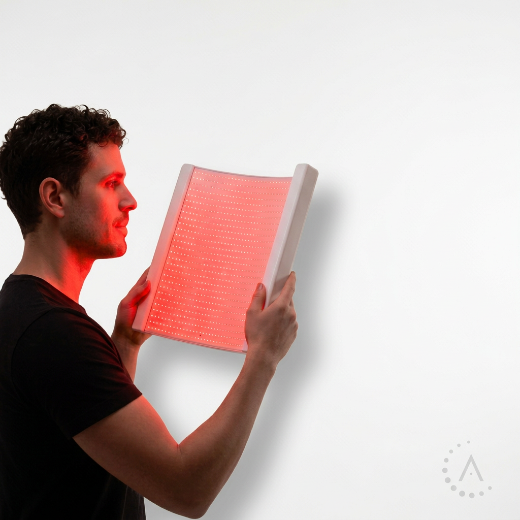 Person holding the illuminated Lumara Illuminate Red V2 panel against a white background