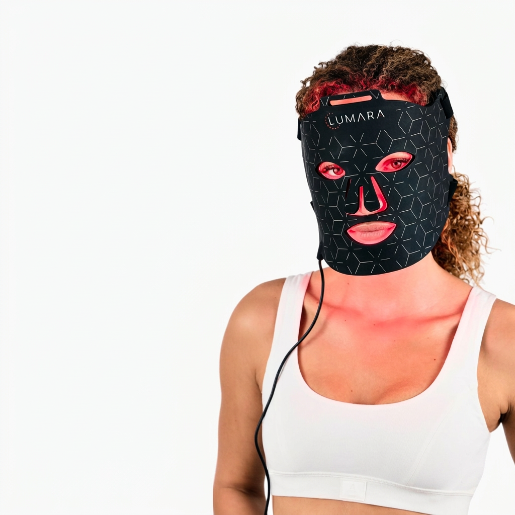 Woman wearing a Lumara VISO LED face mask against a white background